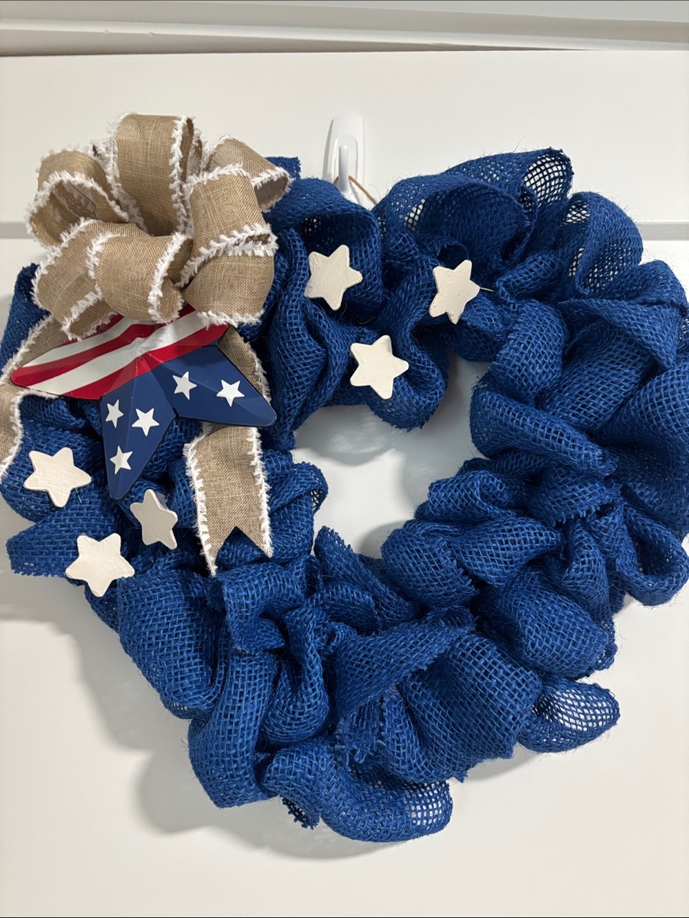 Hand Crafted Blue Burlap Patriotic Wreath with Tan Bow and White Stars